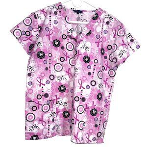 Pink Breast Cancer Awareness Scrub Top By Zikit Size M Cotton Blend Short Sleeve